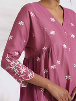Thumbnail for trueBrowns Pink Cotton Floral Embroidered Flared Kurta Set