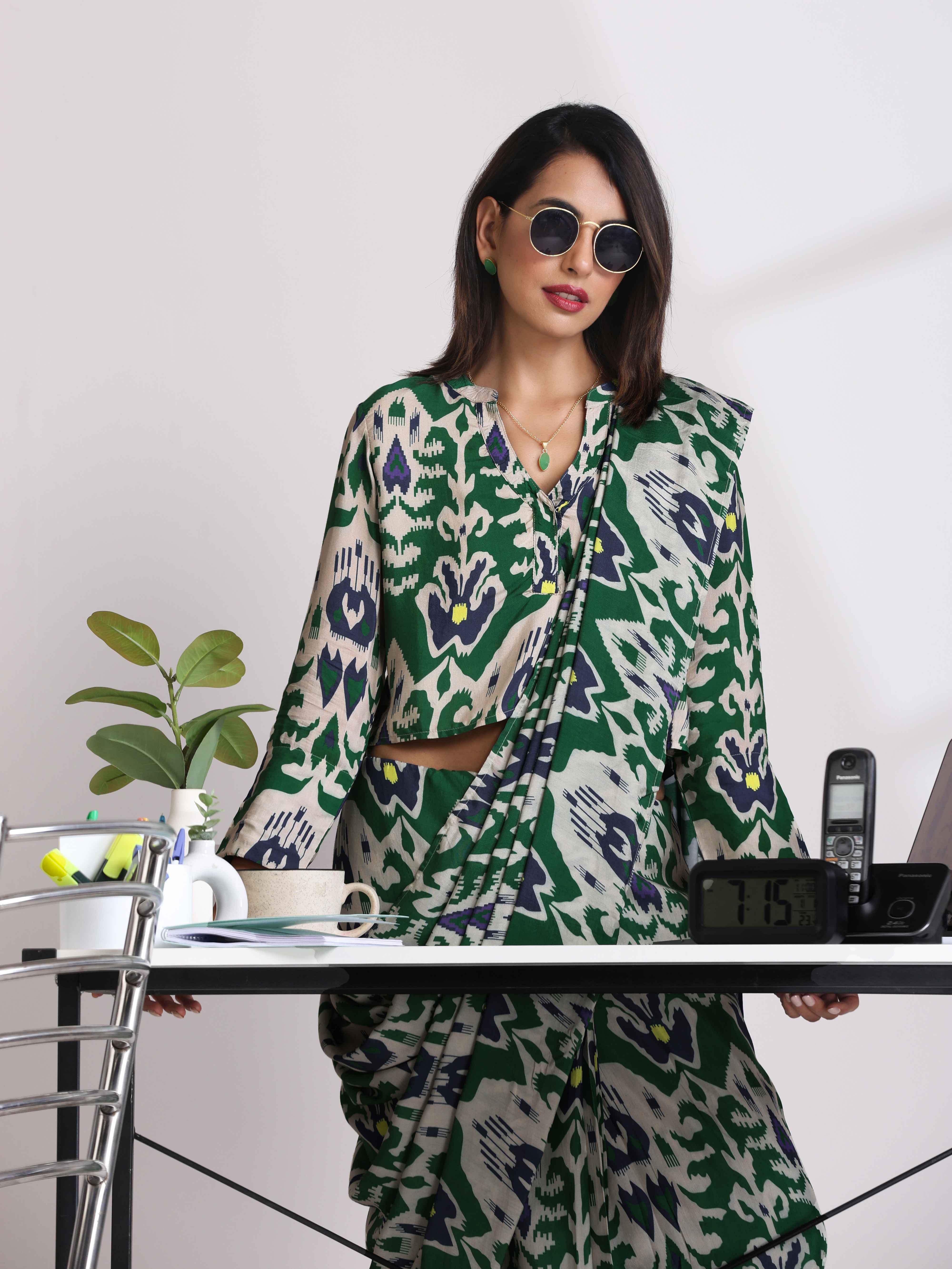 trueBrowns Green Muslin Ikat Shirt Blouse