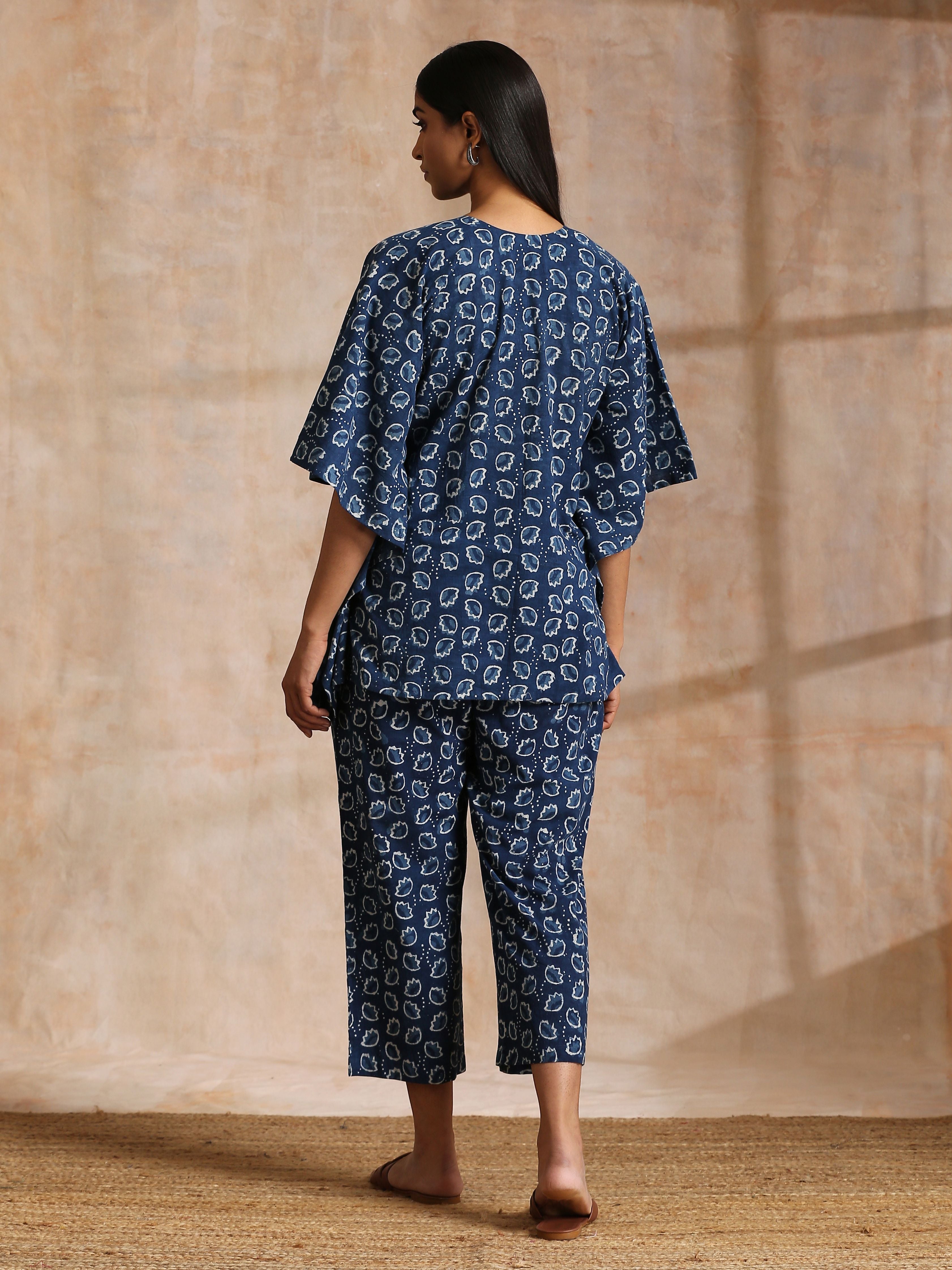 trueBrowns Indigo Dabu Floral Print Cotton Kaftan Co-Ord Set - Distacart