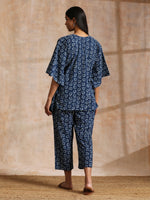 Thumbnail for trueBrowns Indigo Dabu Floral Print Cotton Kaftan Co-Ord Set - Distacart