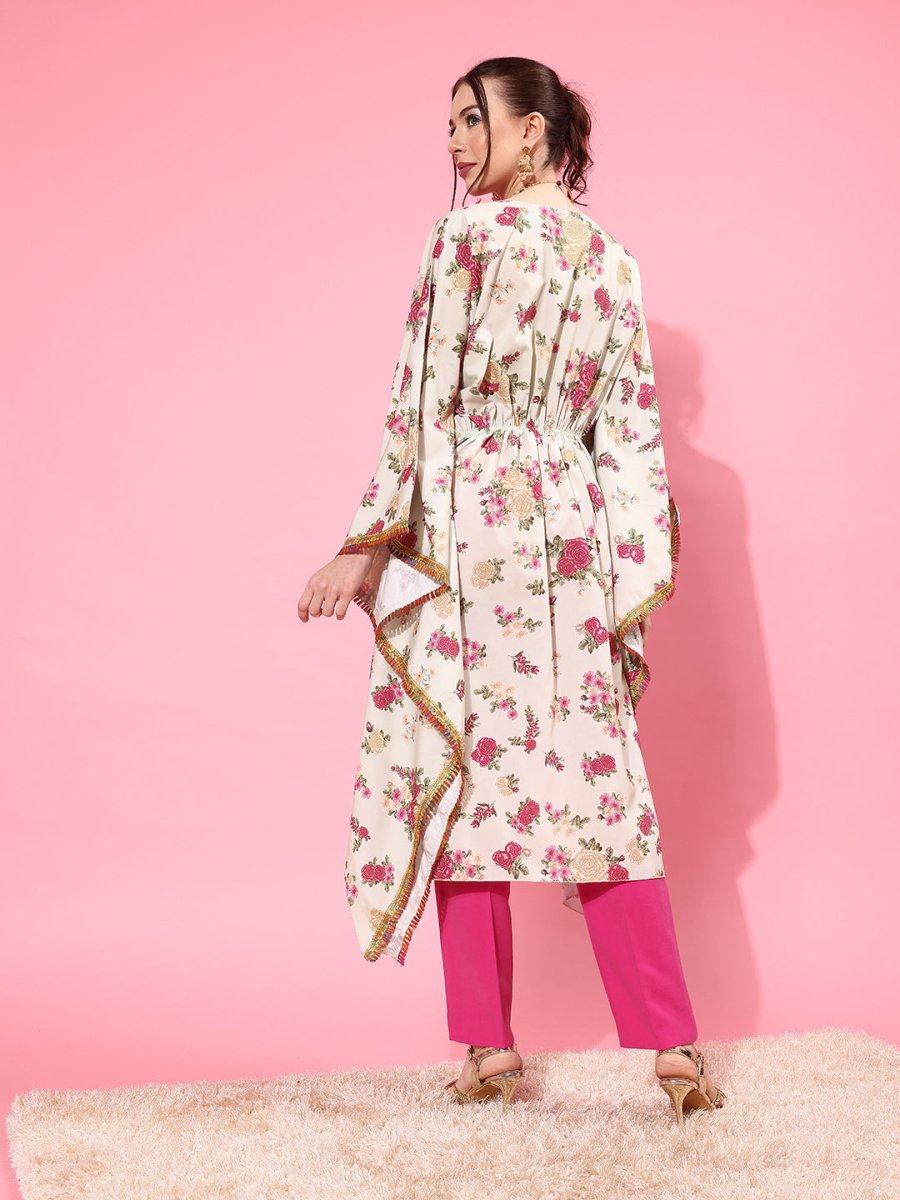 Ahalyaa Women Floral Printed Flared Sleeves Thread Work Crepe Kaftan Kurta - Distacart