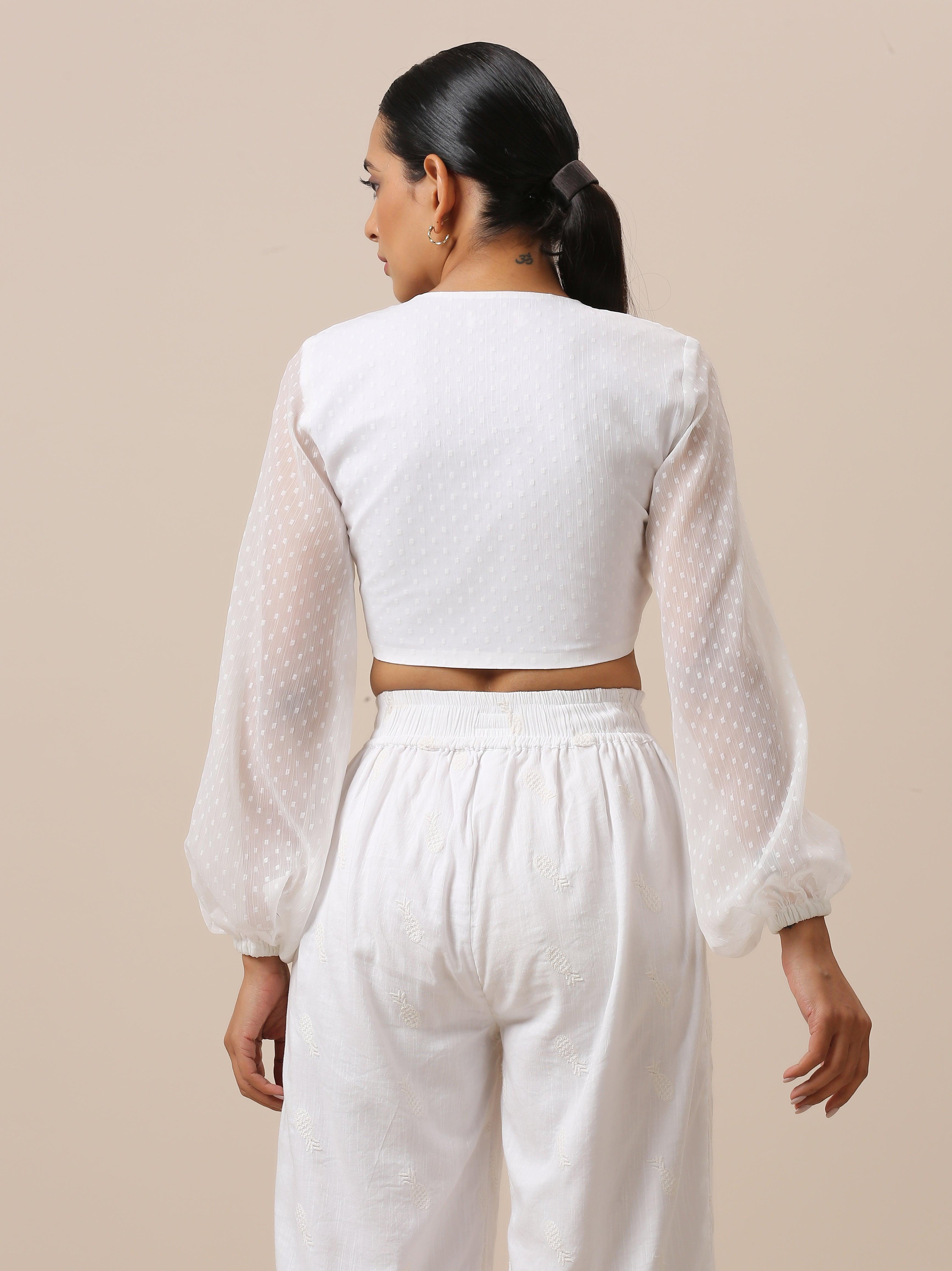 trueBrowns Chiffon White Dobby Tie Up Top - Distacart