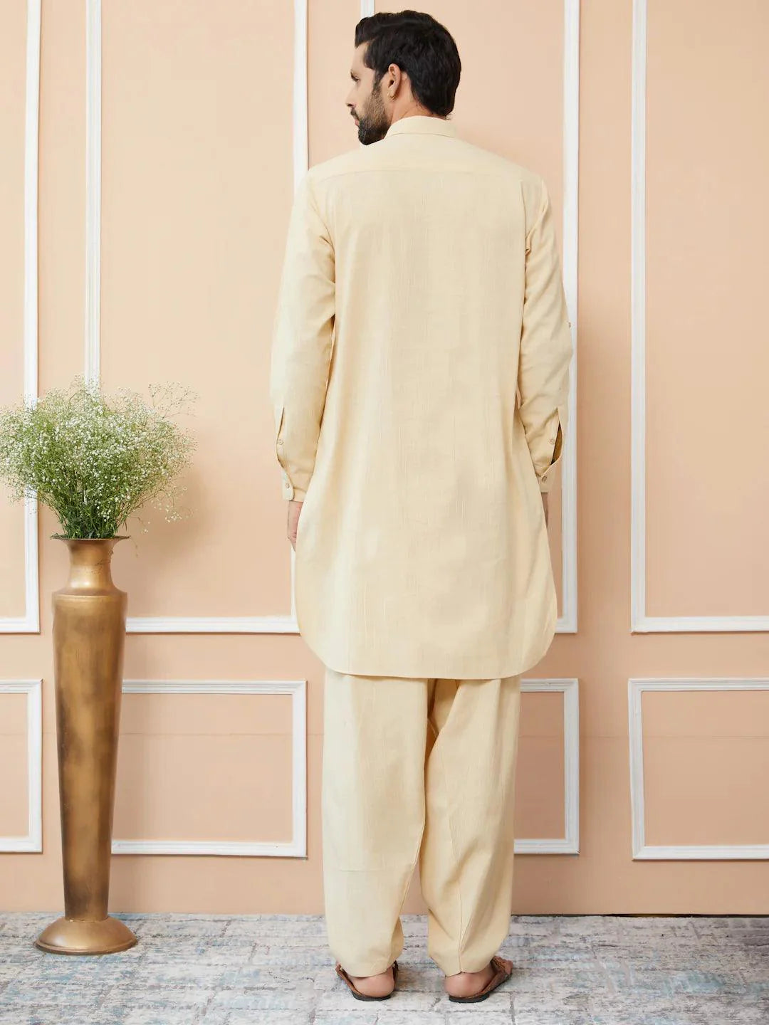 Fabmade Beige Cotton Linen Pathani Kurta With Salwar