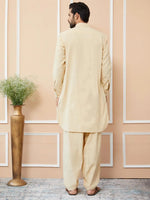 Thumbnail for Fabmade Beige Cotton Linen Pathani Kurta With Salwar