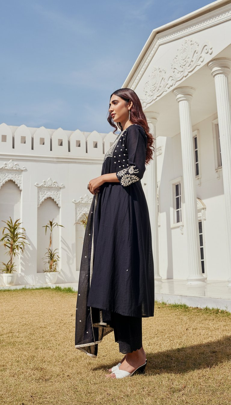 BulBul Abhilasha Cotton Black Kurta Set with Dupatta