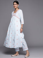 Thumbnail for Varanga Women Blue Sequin And Thread Embroidered A-Line Kurta Paired With Tonal Bottom And Tonal Embroidered Dupatta - Distacart