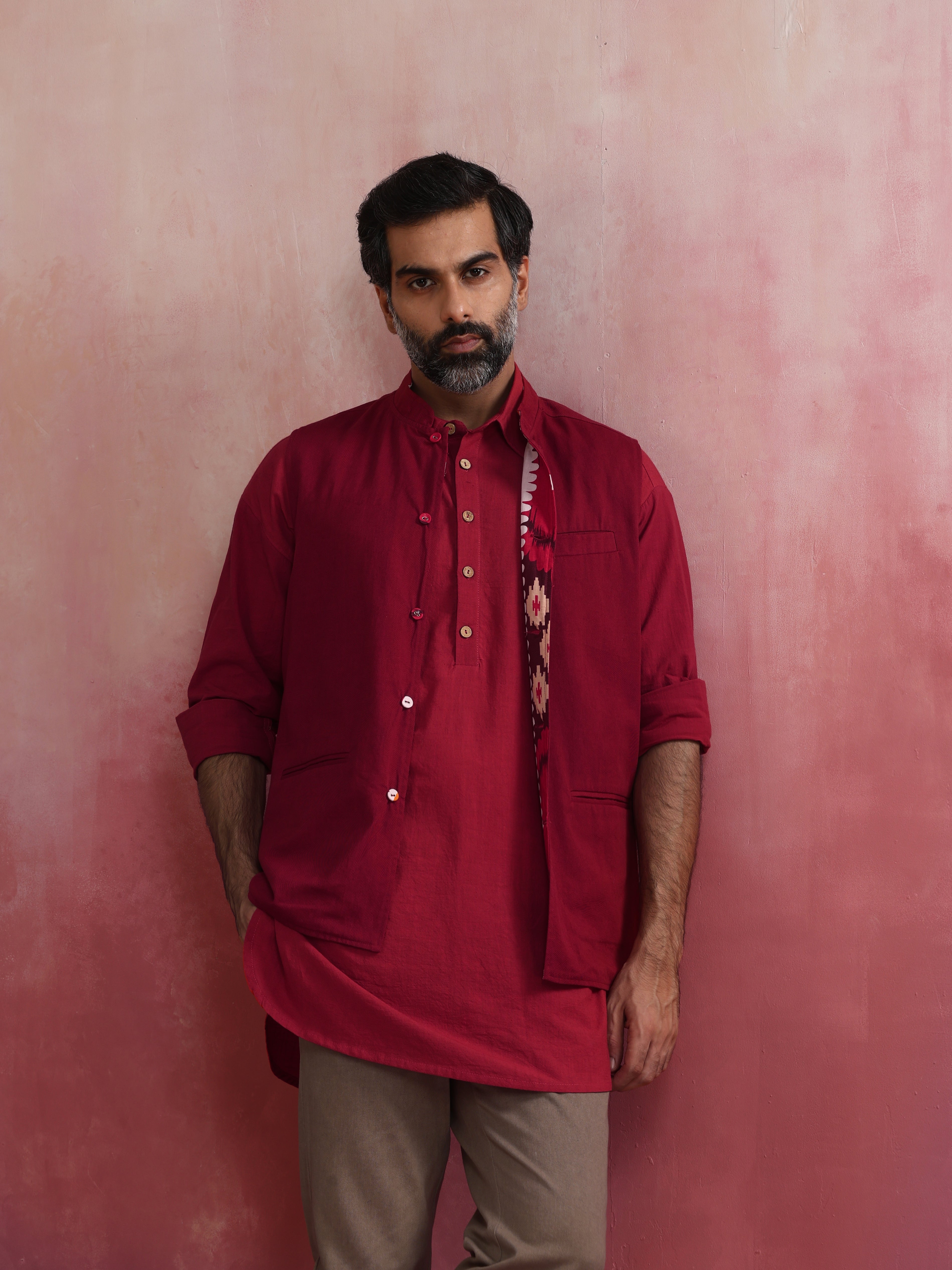 trueBrowns Men's Maroon Ikat Print Cotton Reversible Nehru Jacket