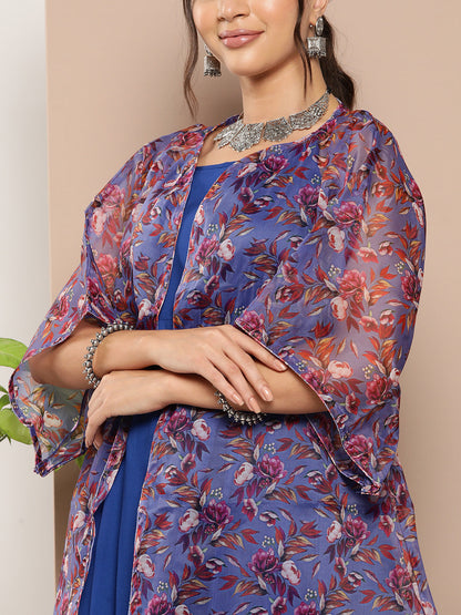 InWeave Ink Blue Strappy Set With Mauve Print Floral Cape - Distacart
