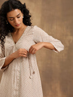 Thumbnail for trueBrowns Beige Zig-Zag Print Silk Angrakha Kurta Pant Set - Distacart