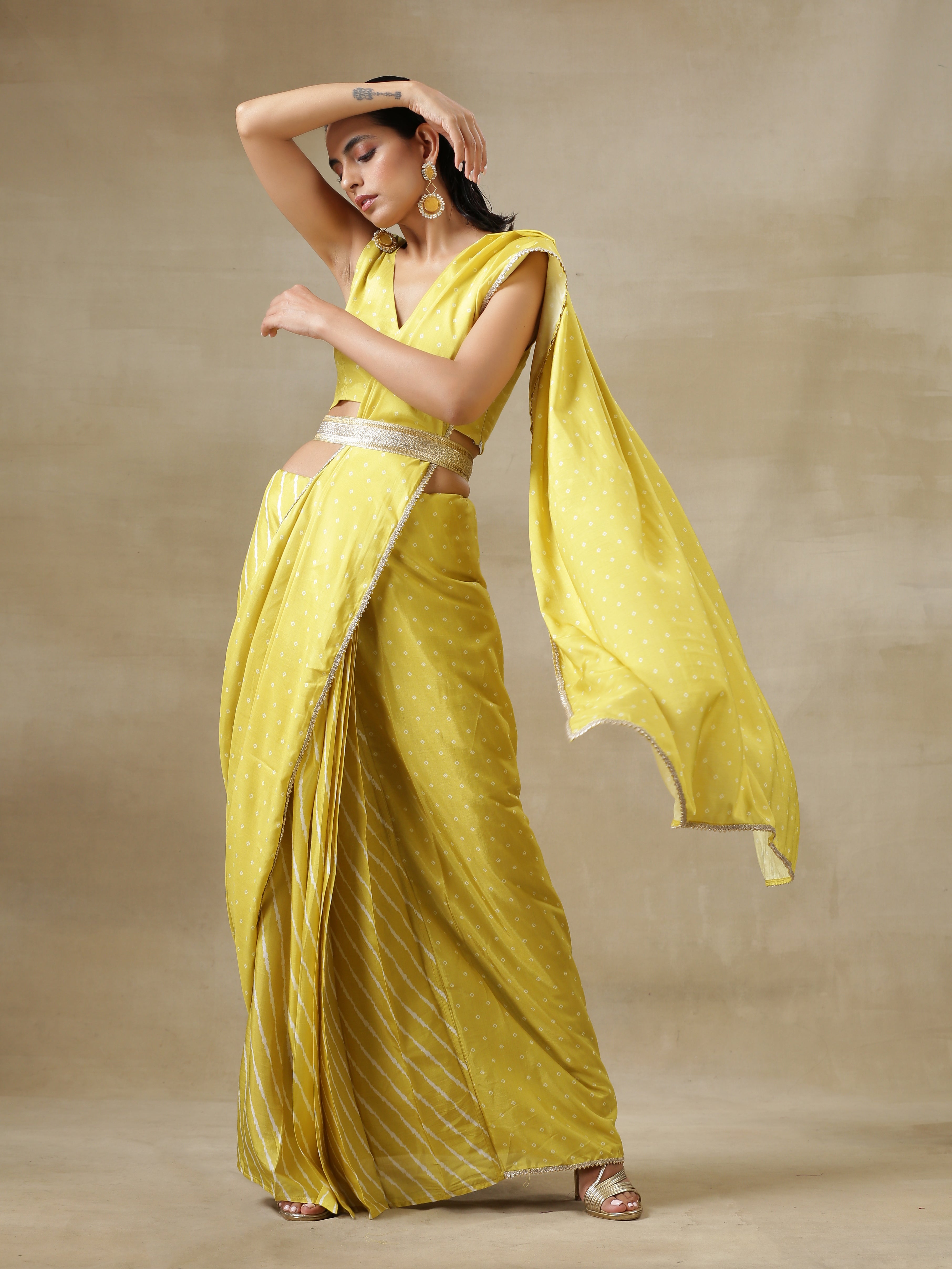 trueBrowns Lime Green Bandhani Printed Silk Sleeveless Blouse - Distacart