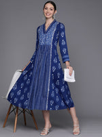 Thumbnail for Ahalyaa Floral Print Midi Pure Cotton Ethnic Dress with Lace Inserts Detail - Distacart