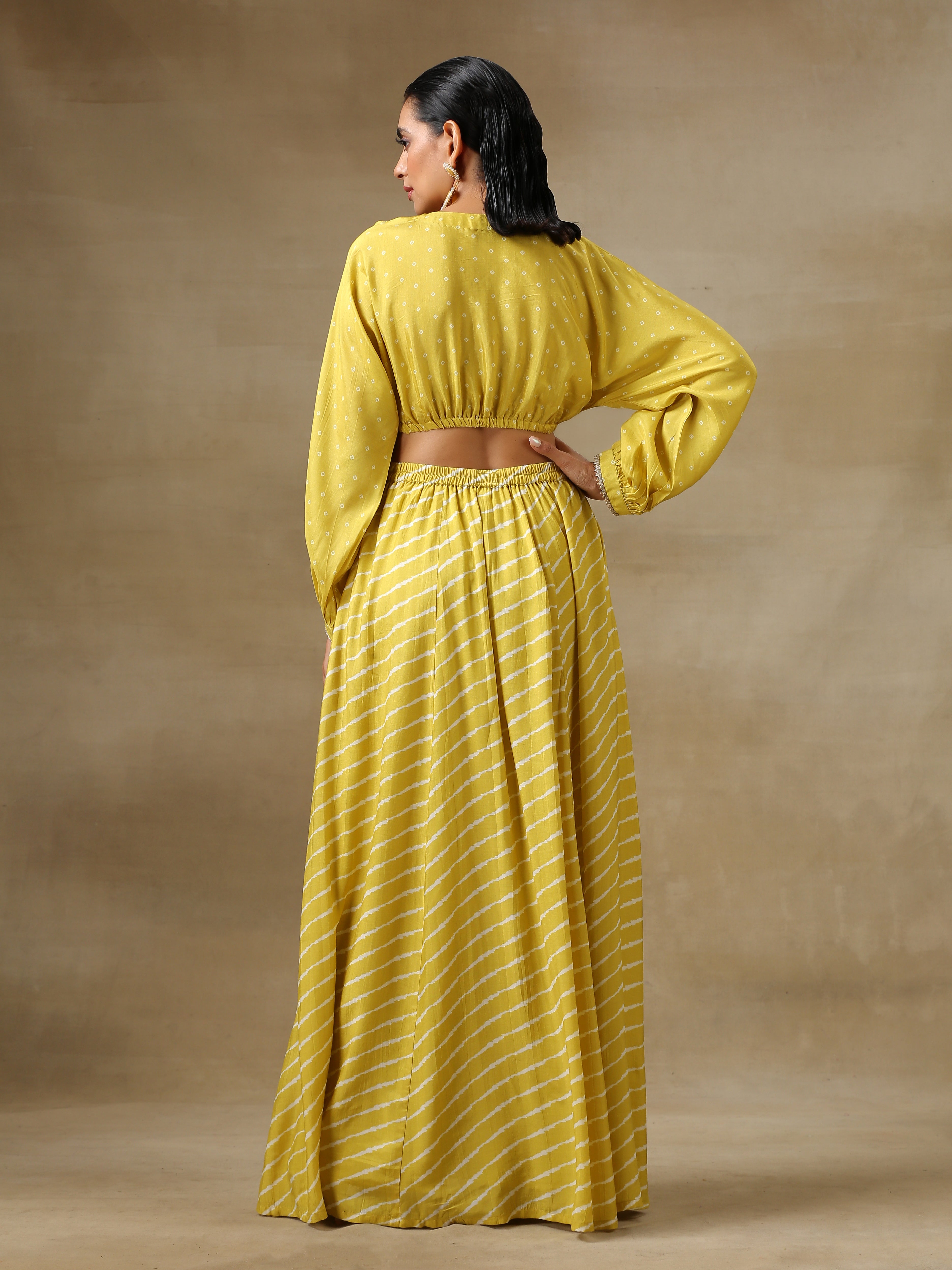 trueBrowns Lime Green Bandhani Printed Silk Top Skirt Set - Distacart