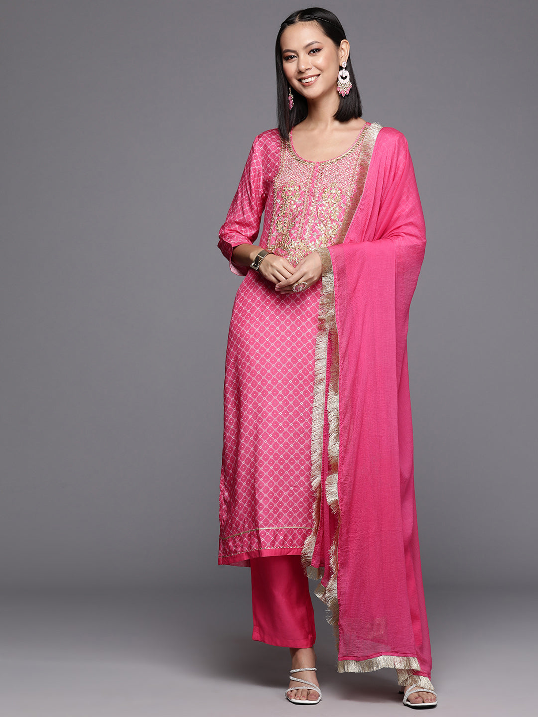 Varanga Women Women Pink Bandhani Printed Straight Kurta Paired With Tonal Bottom And Dupatta - Distacart