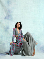 Thumbnail for trueBrowns Grey Printed Velvet Ready to Wear Saree - Distacart