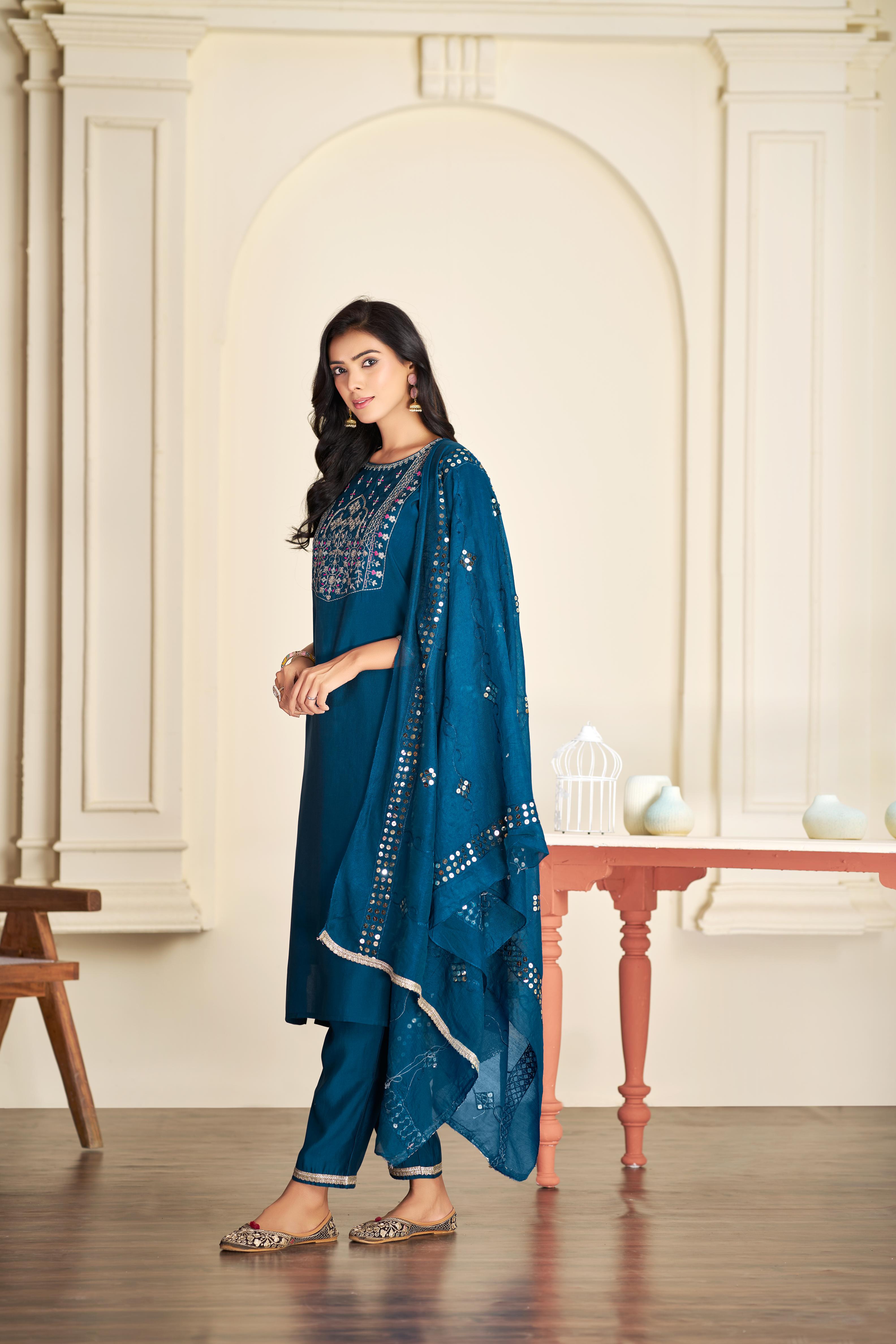 BulBul Prachi Silk Teal Kurta Set with Dupatta