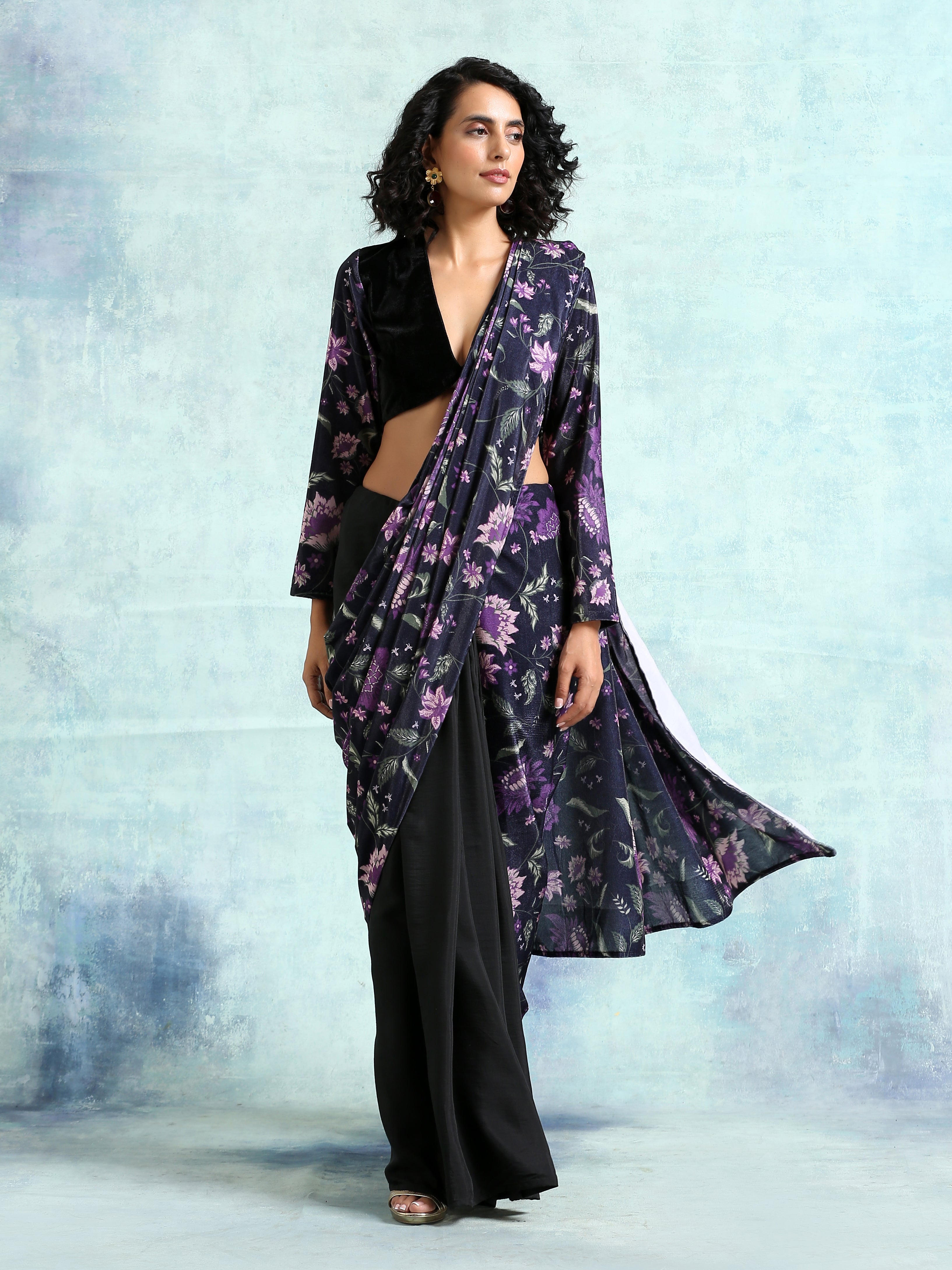 trueBrowns Black Printed Sleeve Velvet Blouse - Distacart