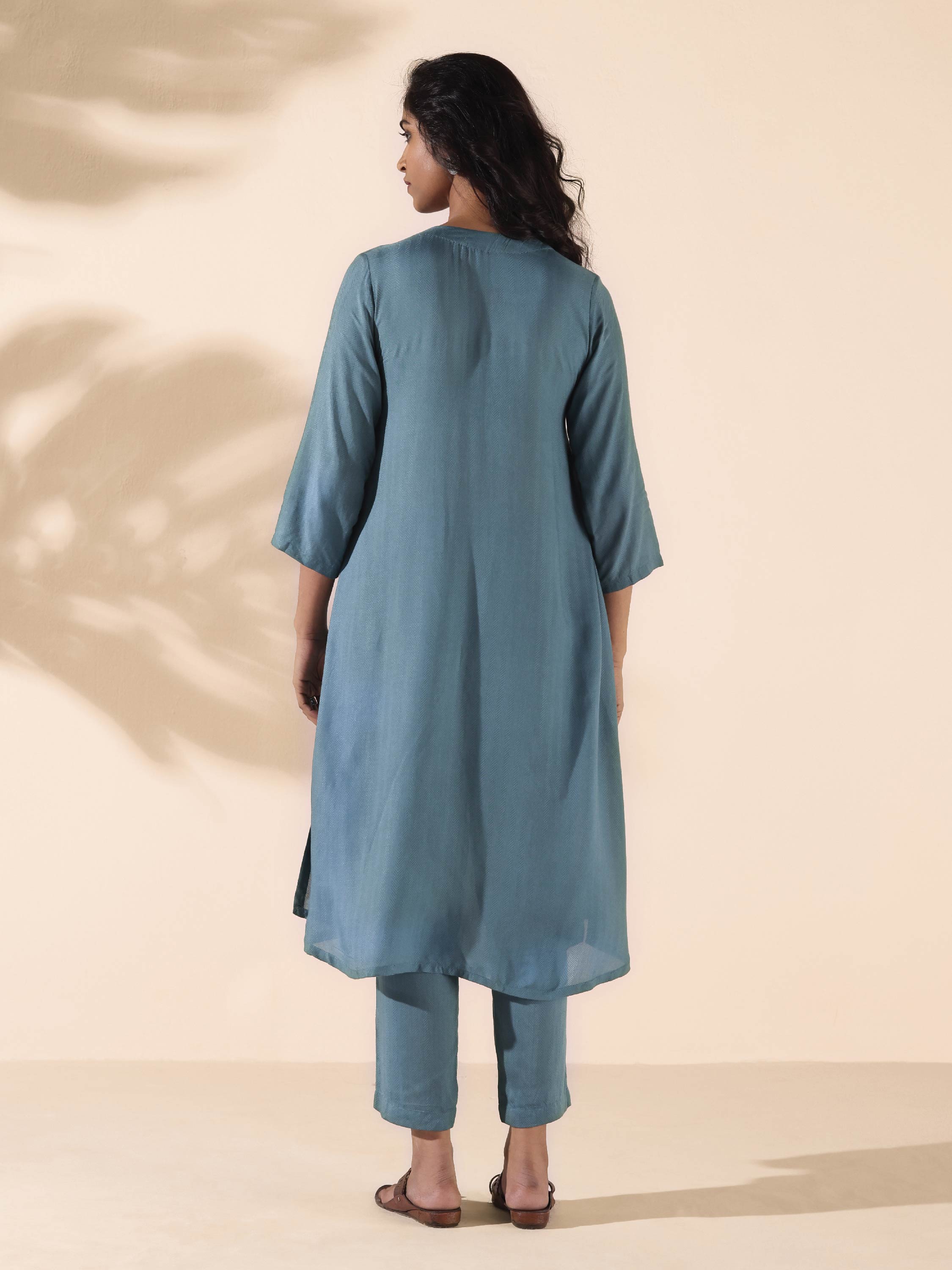 trueBrowns Turquoise Viscose Dobby Flared Kurta Pant Set - Distacart