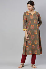 Thumbnail for Ahika Taupe Cotton A-Line Kurta