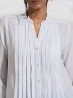 Thumbnail for trueBrowns White Cotton Stripe Pleated Shirt Kurta Set