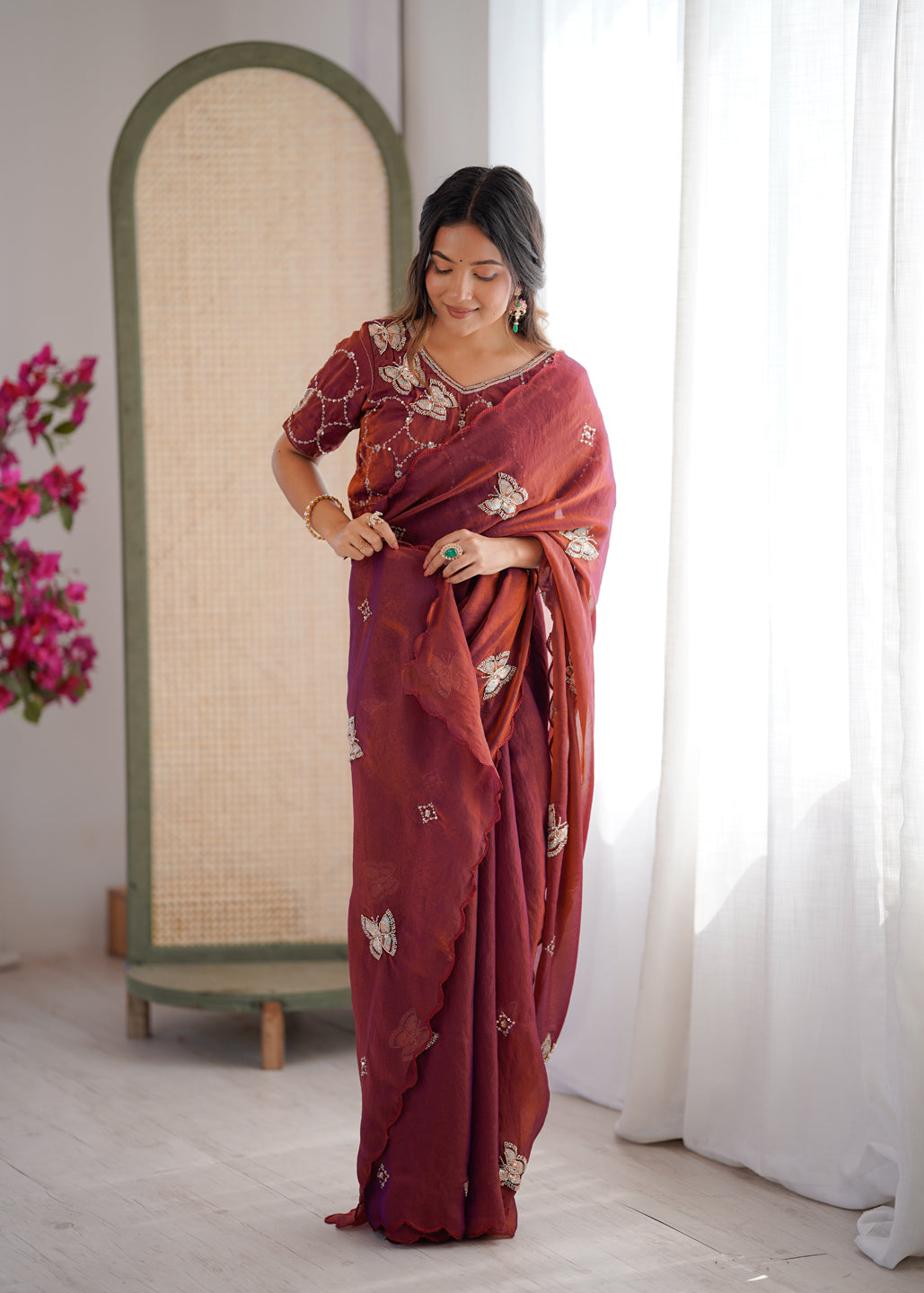 Evanik Rust Mos Silk With Handwork Butterfly Design Saree With Unstitched Blouse