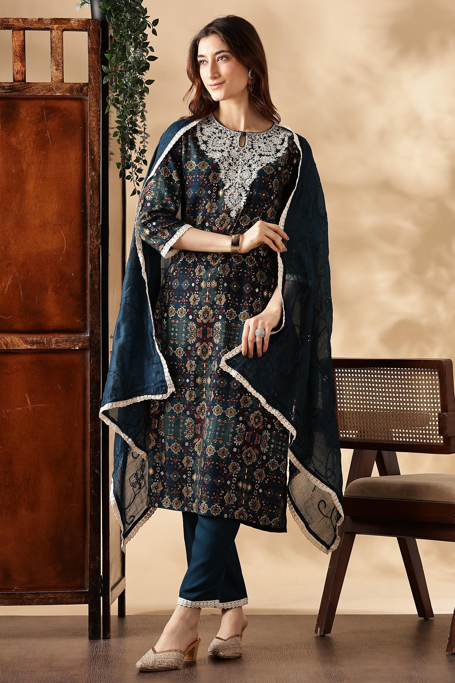 BulBul Anjali Rayon Teal Kurta Set with Dupatta