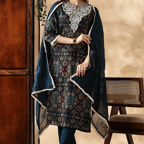 BulBul Anjali Rayon Teal Kurta Set with Dupatta