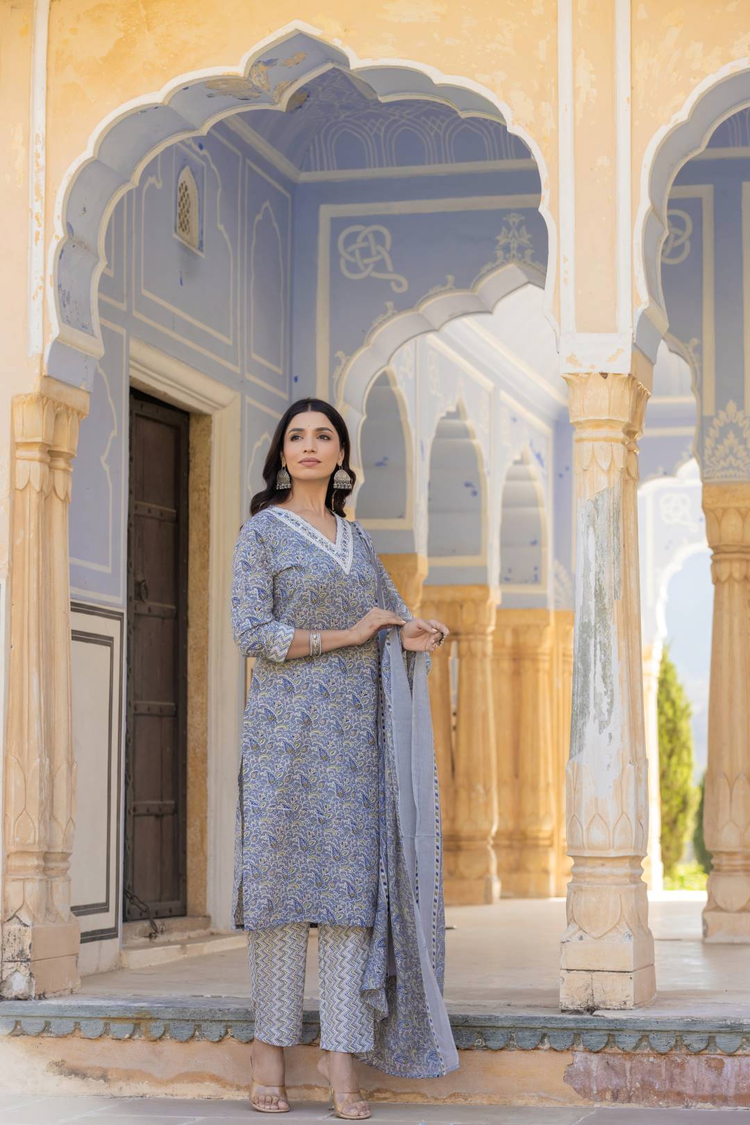 Varanga Women Grey Embroidered V Neck Kurta With Printed Bottom And Dupatta - Distacart