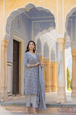 Thumbnail for Varanga Women Grey Embroidered V Neck Kurta With Printed Bottom And Dupatta - Distacart
