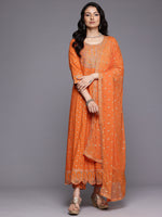 Thumbnail for Varanga Women Orange Mirror And Thread Embroidered,Zari Embellished Scalloped Schiffli Anarkali Kurta Paired Wirh Printed Bottom And Embroidered Dupatta - Distacart