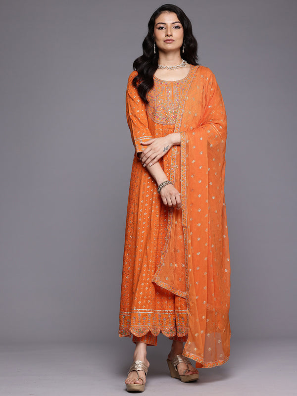 Varanga Women Orange Mirror And Thread Embroidered,Zari Embellished Scalloped Schiffli Anarkali Kurta Paired Wirh Printed Bottom And Embroidered Dupatta - Distacart