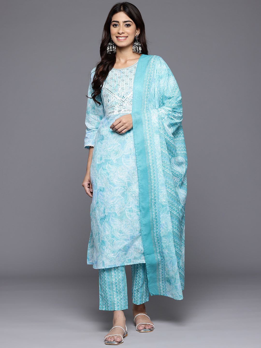 Varanga Women Blue Printed Round Neck Yoke Embroidered Straight Kurta With Bottom And Dupatta - Distacart