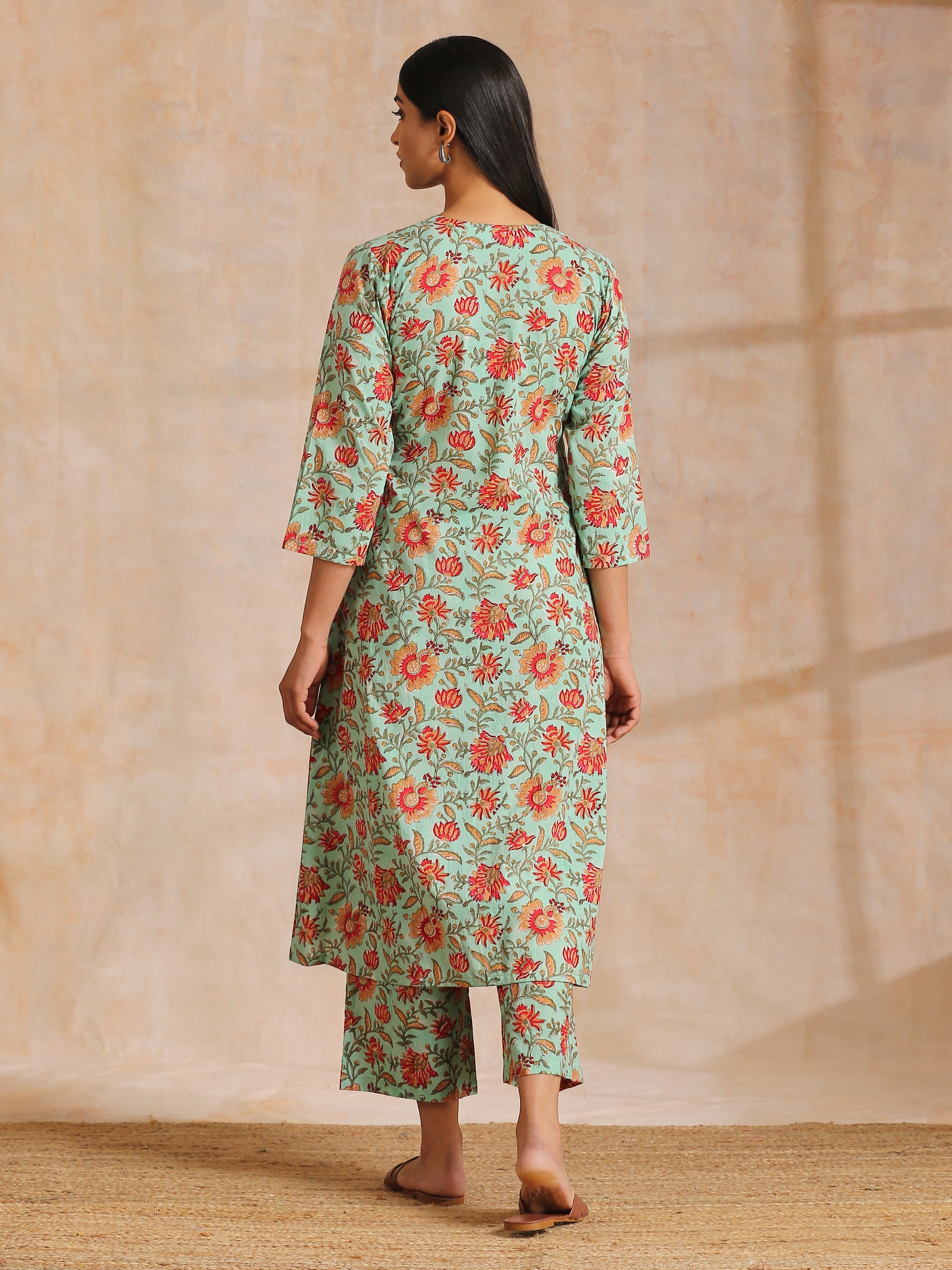 trueBrowns Seafoam Green Overall Floral Block Print Cotton Angrakha Pant Set - Distacart