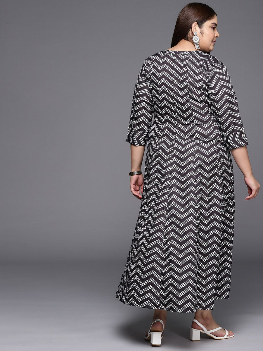 Ahalyaa Plus Size Chevron Print Crepe Mandarin Collar A-line Midi Ethnic Dress - Distacart