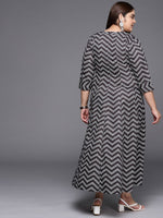 Thumbnail for Ahalyaa Plus Size Chevron Print Crepe Mandarin Collar A-line Midi Ethnic Dress - Distacart