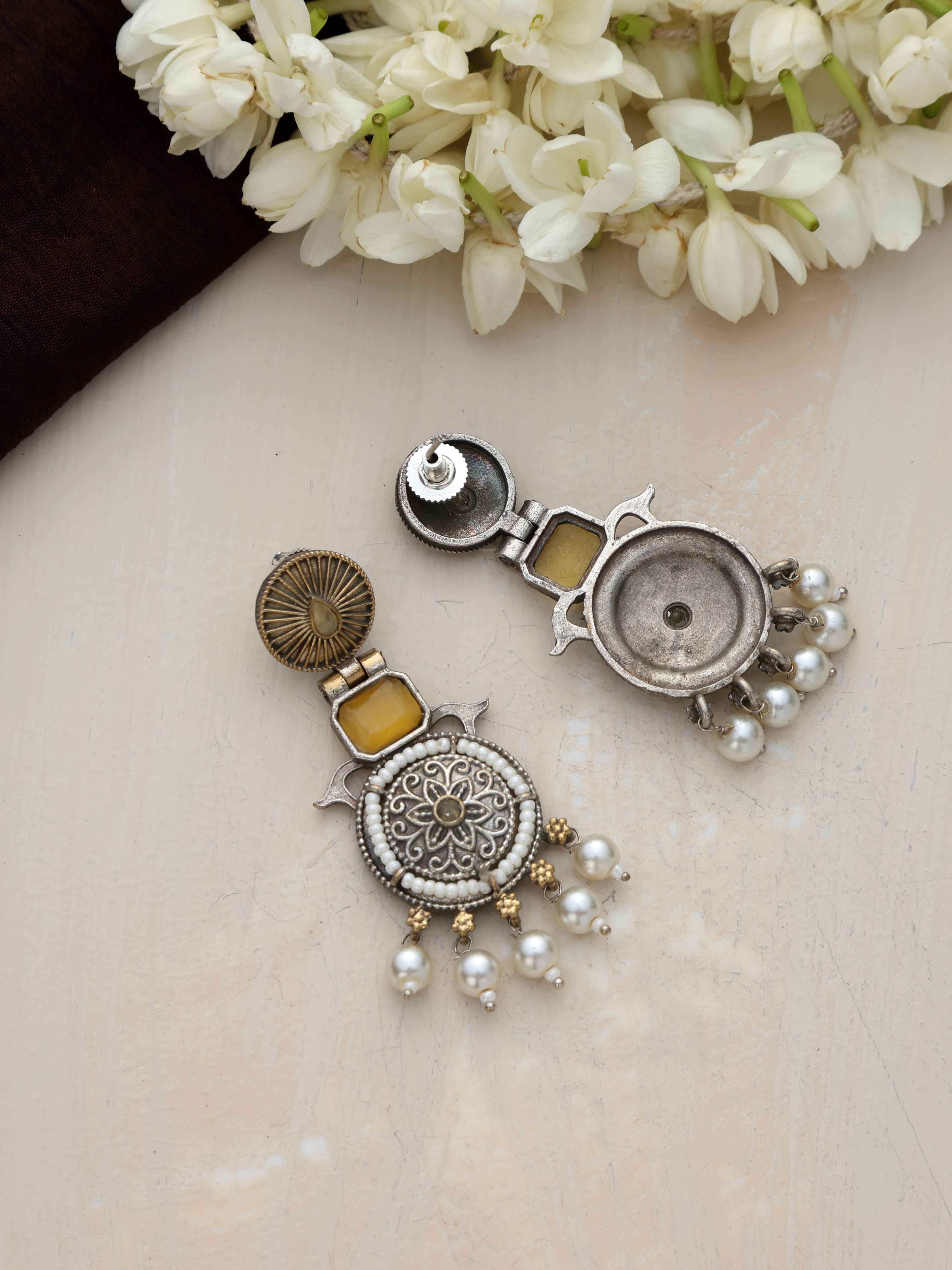 trueBrowns Silver Gold Tone Meenakari Pearl Drop Earrings - Distacart