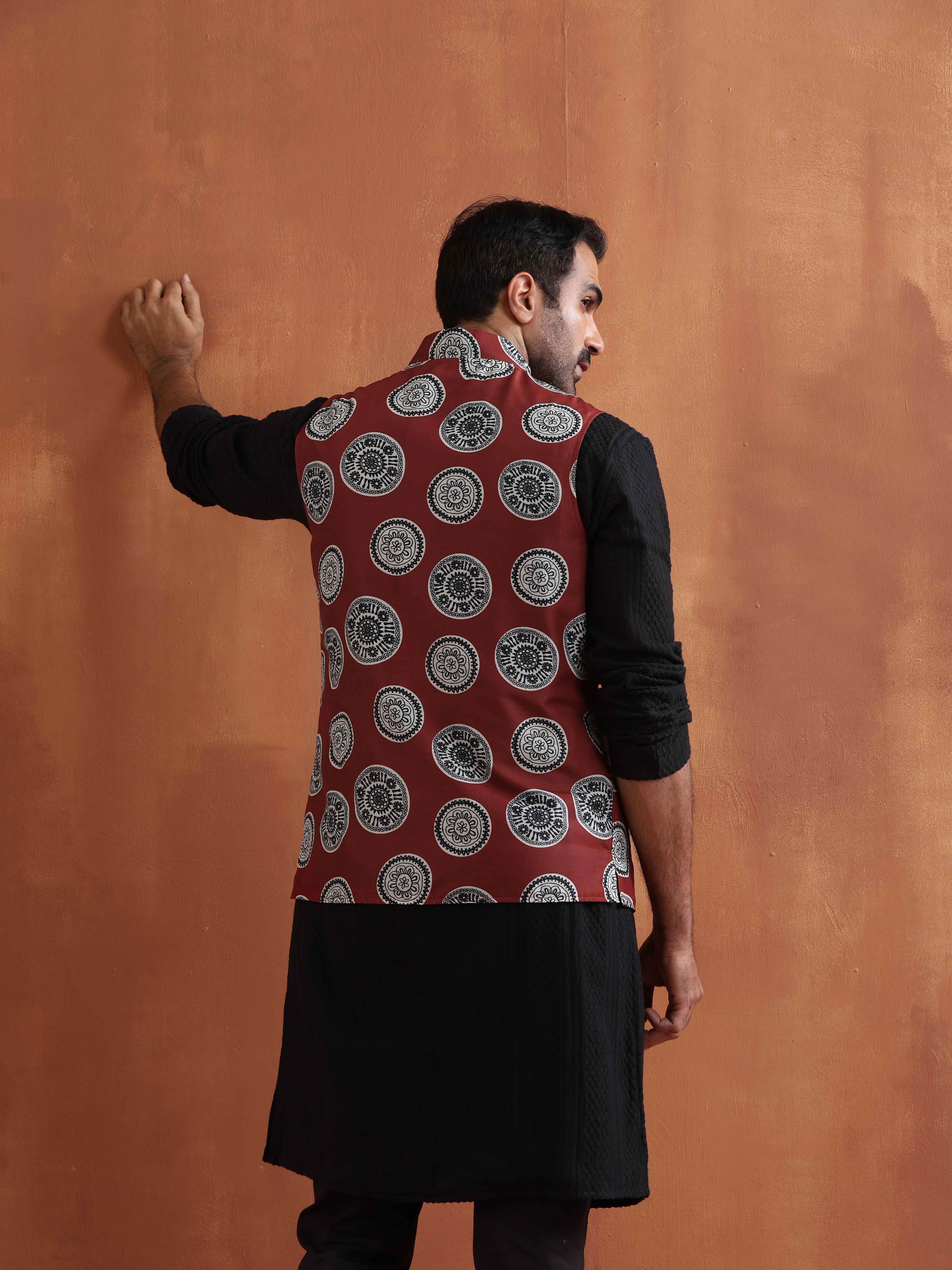 trueBrowns Men's Rust Printed Nehru Jacket