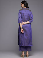 Thumbnail for Varanga Women Blue Jacquard V Neck Kurta With Bottom And Dupatta - Distacart