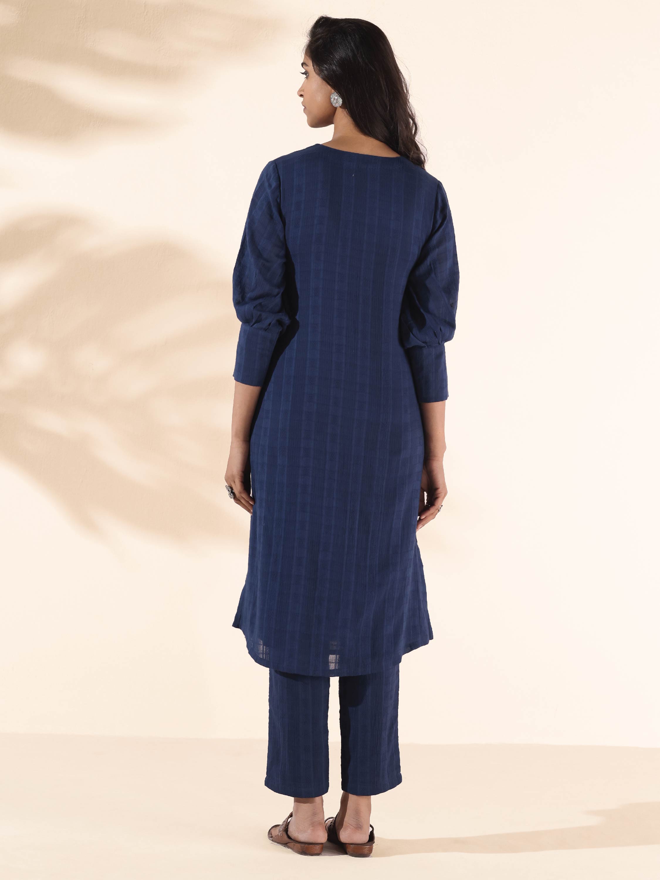 trueBrowns Blue Cotton Dobby Kurta Pant Set - Distacart