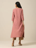 Thumbnail for trueBrowns Light Mauve Slub Texture Neck Pleat Kurta Pant Set - Distacart