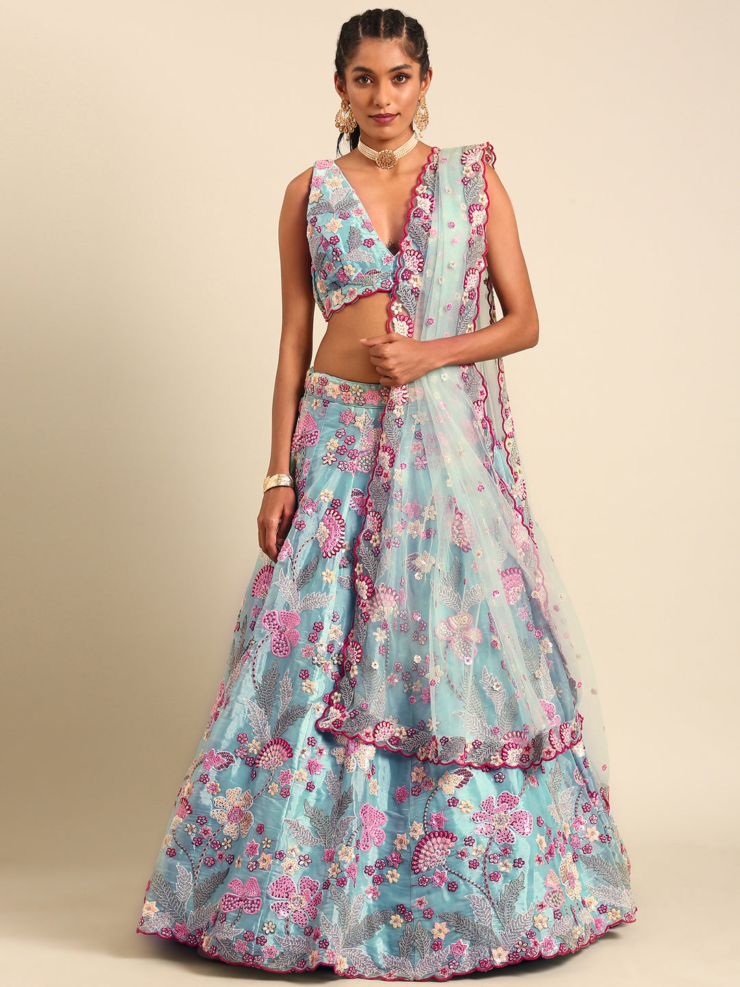 House of Panchhi Turquoise Blue Organza Sequins And Zarkan Embroidery Lehenga Choli & Dupatta - Distacart