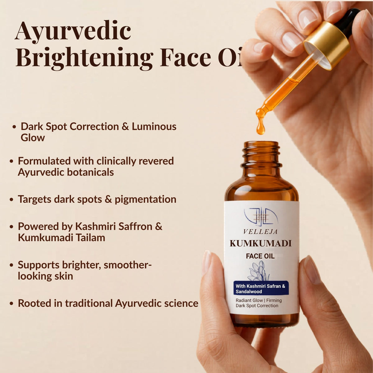 Velleja Kumkumadi Face Oil with Kashmiri Saffron & Sandalwood | Ayurvedic Anti Aging Face Serum for Brightening, Dark Spots & Pigmentation - Dista