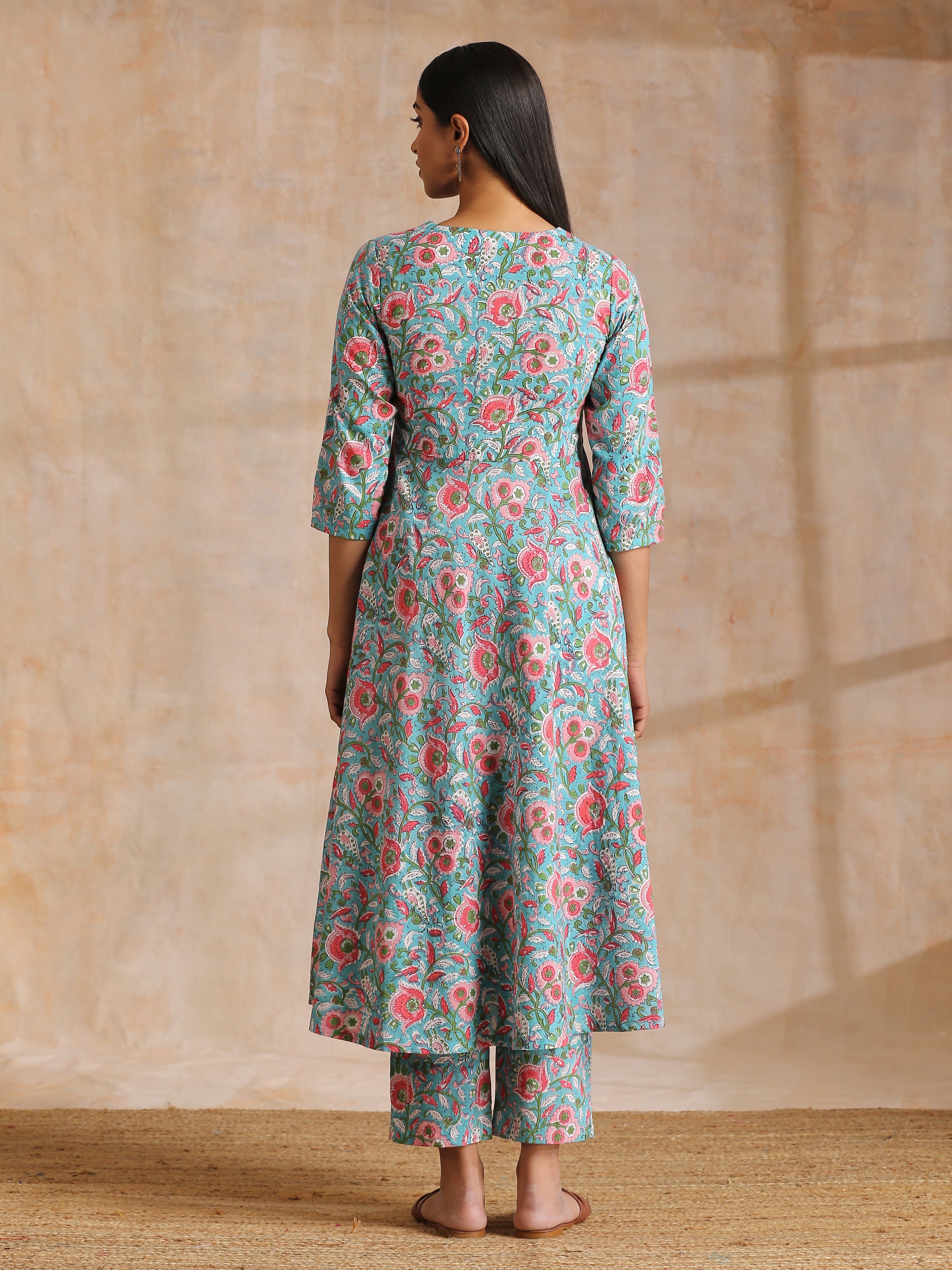 trueBrowns Turkish Blue Overall Floral Block Print Cotton Flared Kurta Pant Set - Distacart