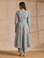 Thumbnail for trueBrowns Turkish Blue Overall Floral Block Print Cotton Flared Kurta Pant Set - Distacart