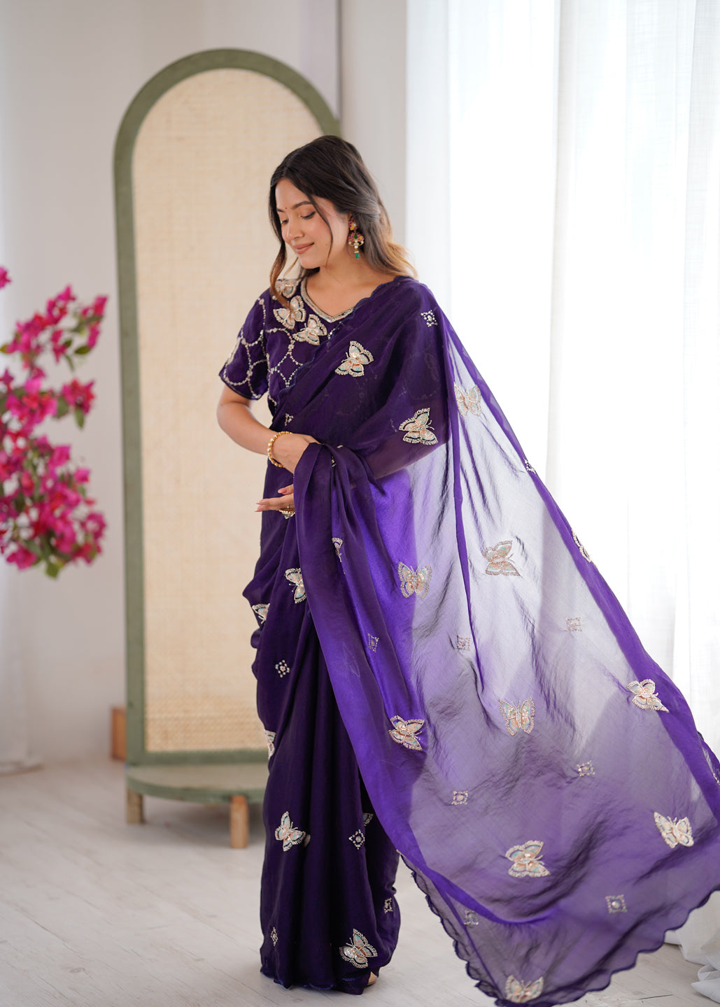 Evanik Purple Mos Silk With Handwork Butterfly Design Saree With Unstitched Blouse