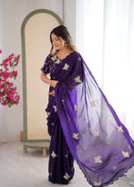 Thumbnail for Evanik Purple Mos Silk With Handwork Butterfly Design Saree With Unstitched Blouse
