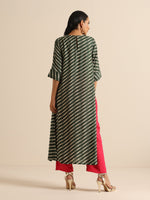 Thumbnail for trueBrowns Dark Green Lehariya Printed Silk Kurta Pant Set - Distacart