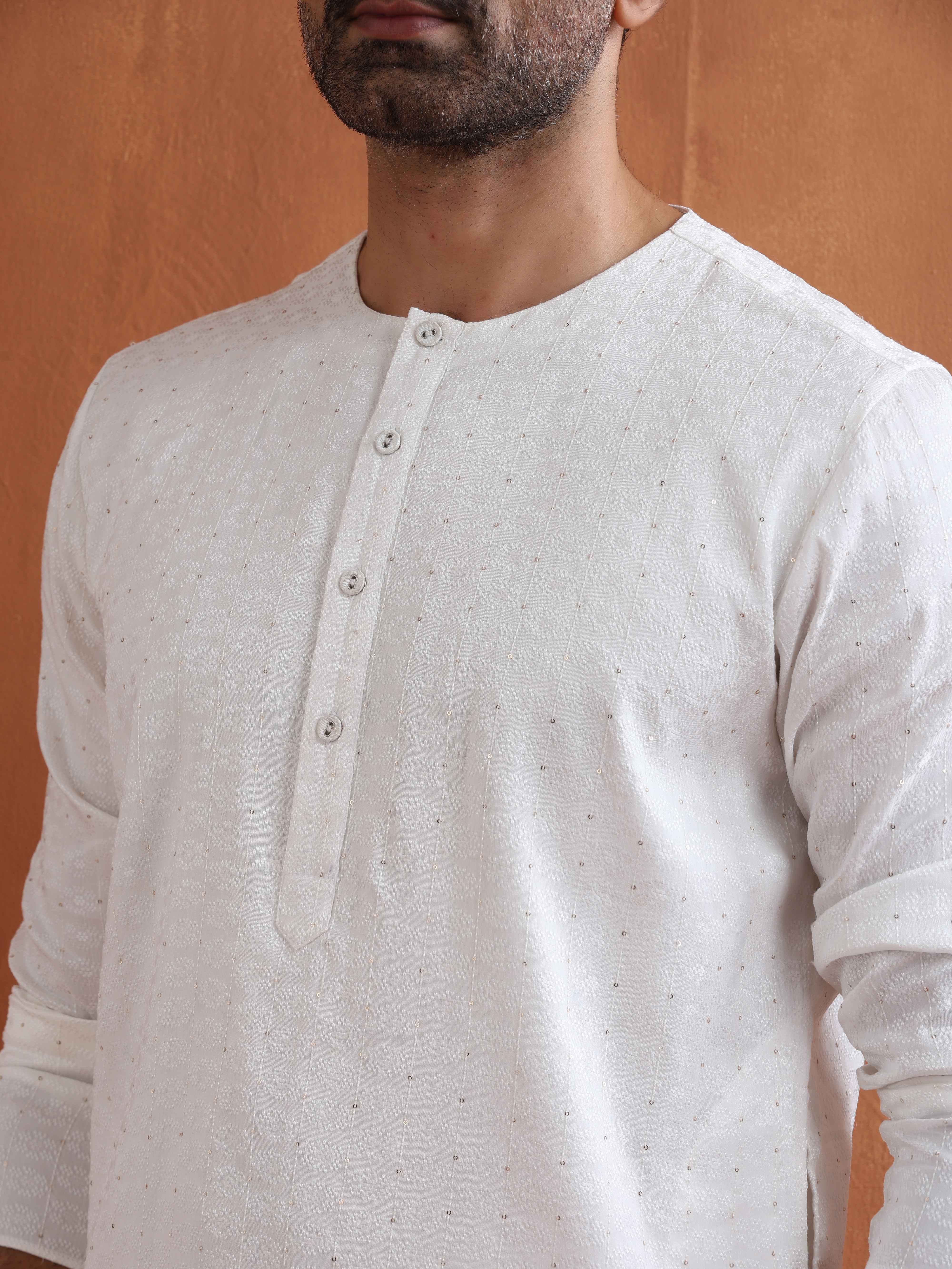 trueBrowns Men's Ivory Sequin Chanderi Kurta