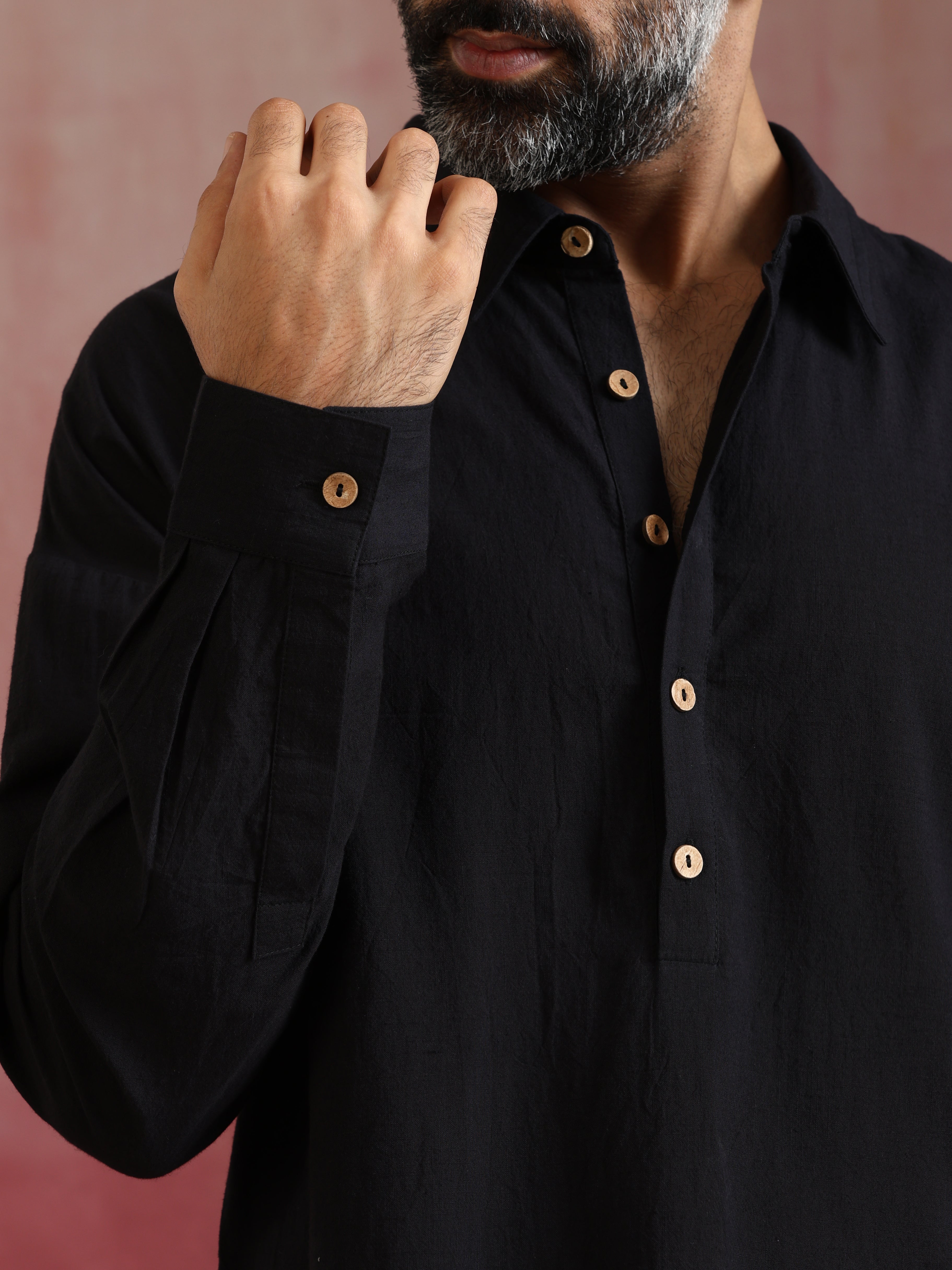 trueBrowns Men's Black Cotton Shirt Collar Stylized Kurta Co-ord set - Distacart