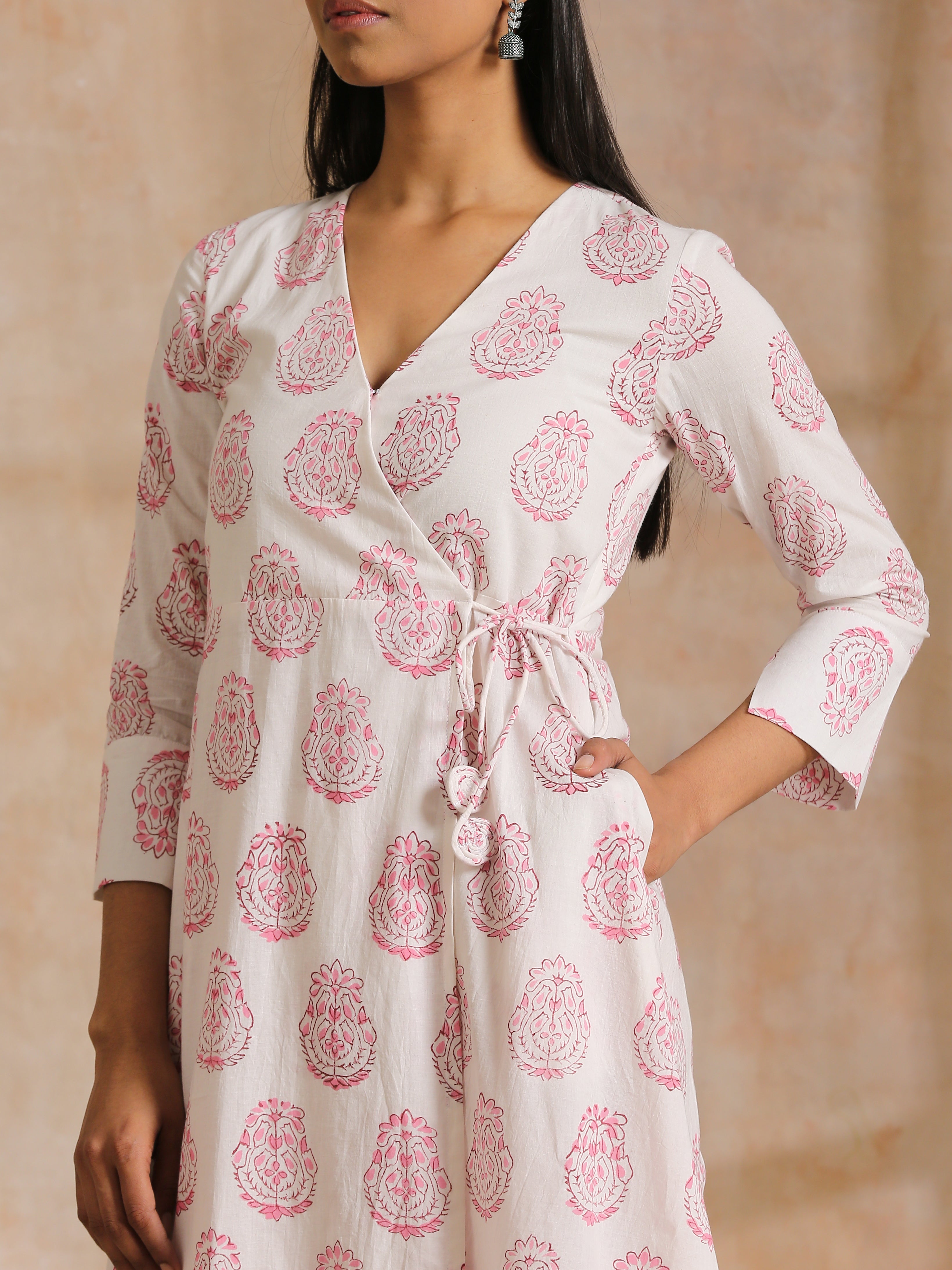 trueBrowns Pink Big Buta On White Print Cotton Angrakha Kurta Pant Set - Distacart