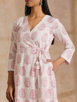 Thumbnail for trueBrowns Pink Big Buta On White Print Cotton Angrakha Kurta Pant Set - Distacart